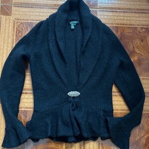 Lauren by Ralph Lauren Black Mohair Sweater with Rhinestone Clasp Size Small